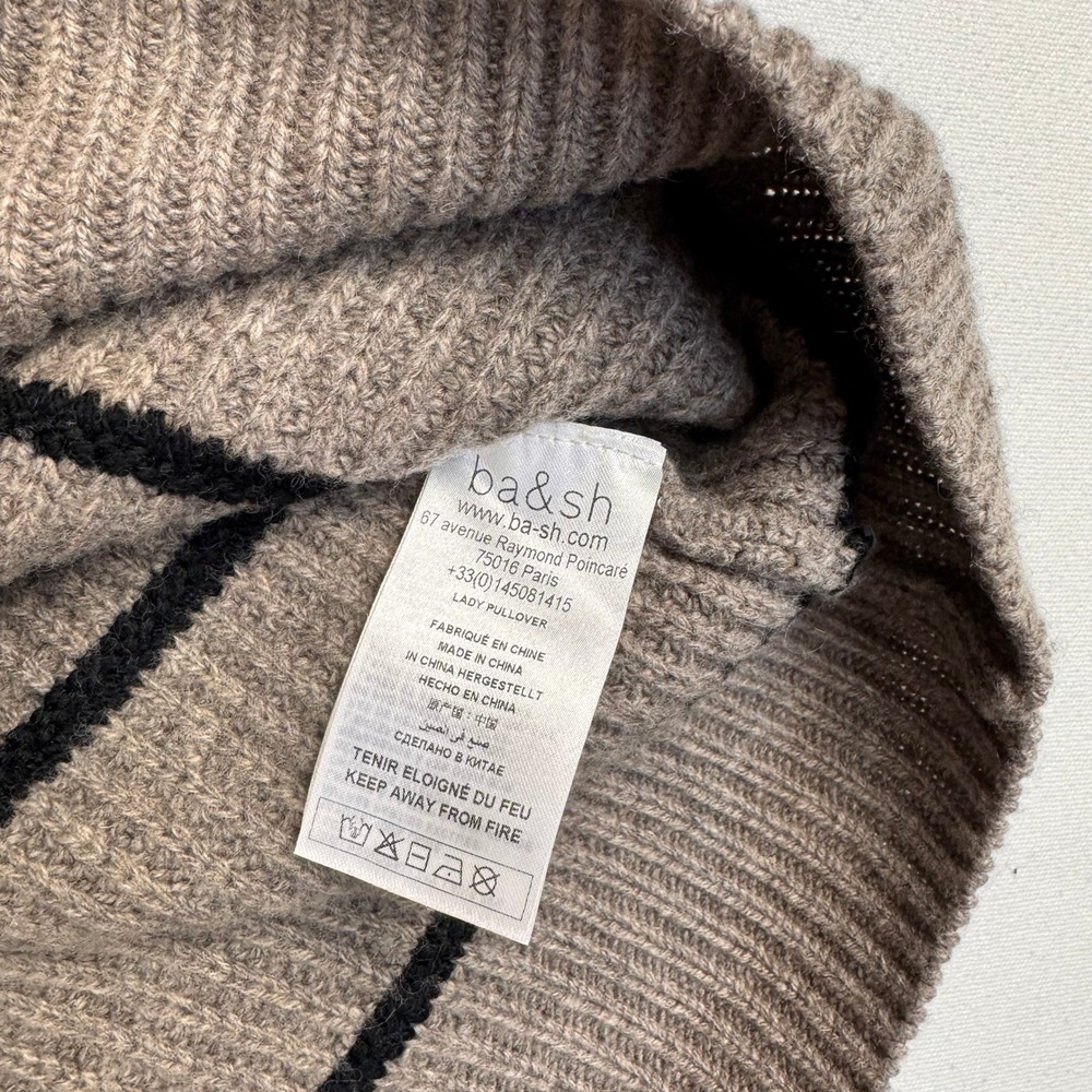 ba&sh Lady Pullover Women Size M Chamois Brown Stripe Puff Shoulder Zip Wool Yak - Picture 5 of 12